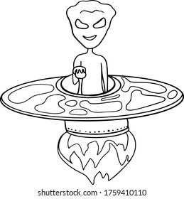 Funny outline alien in a spaceship. Hand drawn vector illustration of cute green humanoid and space shuttle. Coloring for kids isolated on white background. Doodle. Cartoon. Astronomy and UFO concept.