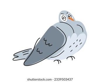 Funny outline dove. Angry disgruntled urban pigeon in doodle style. Outline drawing with cute feathered bird for wrap design. Cartoon flat vector illustration isolated on white background