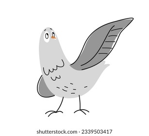 Funny outline dove. Cute doodle white pigeon with wings in hand drawn style. Outline print with urban bird for wrapping design. Cartoon flat vector illustration isolated on white background