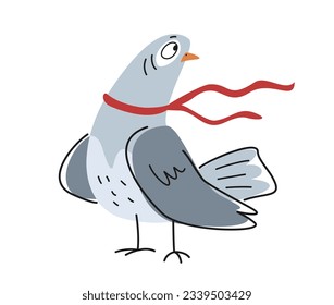 Funny outline dove. Cute proud pigeon with red ribbon or scarf in line art style. Hand drawn urban bird print for packaging design. Cartoon flat vector illustration isolated on white background