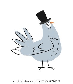 Funny outline dove. Outline cute white pigeon in top hat stands proudly. Sketchy doodle with city bird for postcard or wrap design. Cartoon flat vector illustration isolated on white background