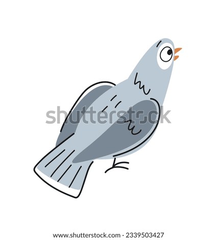 Funny outline dove. Gray surprised city bird in hand drawn doodle style. Outline print with pigeon for wrappers or covers design. Cartoon flat vector illustration isolated on white background