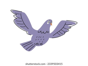 Funny outline dove. Linear blue angry pigeon in hand drawn style. Doodle print with urban flying bird for cover or wallpaper design. Cartoon flat vector illustration isolated on white background