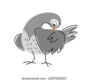 Funny outline dove. Linear gray pigeon cleans wings. Doodle drawing with urban feathered bird for design of postcards or packaging. Cartoon flat vector illustration isolated on white background