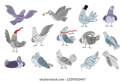 Funny outline dove set. Cute urban pigeons fly and eat, sleep and sit. Doodle print with adorable birds for wrapping and wallpaper design. Cartoon flat vector collection isolated on white background