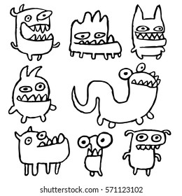funny outline monsters in different shapes in black white colors vector illustration. cartoon cool isolated characters freehand drawing cute set. cheerful collection creatures for web icons and shirt.
