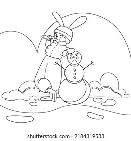 Funny outline rabbit trying to cut down snowman's carrot nose. Winter bunny. Cute black line art animal character. 2023