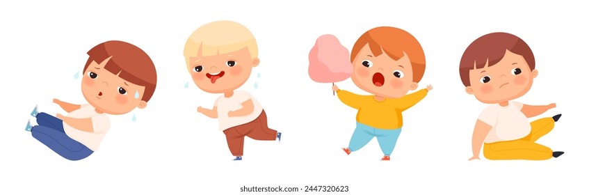 Funny Overweight Little Boy with Chubby Body Vector Set