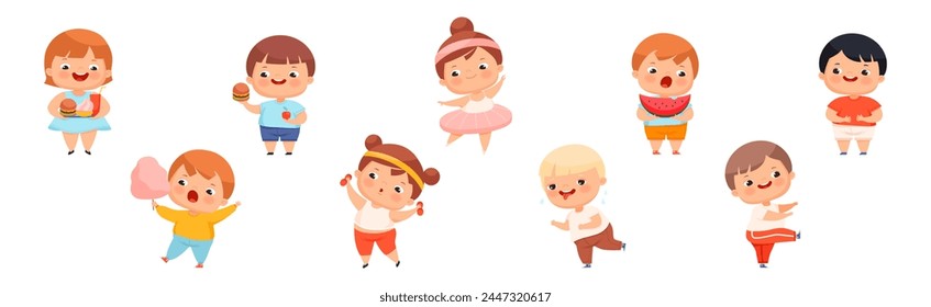 Funny Overweight Little Boy and Girl with Chubby Body Vector Set