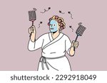 Funny overweight woman in bathrobe and mask on face beat insects with fly swatters. Anxious female chasing flies with special tool. Vector illustration. 