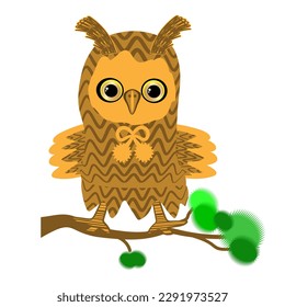 funny owl. baby. a chick sitting on a fir branch. cartoon character. hand drawing isolated on white. children's poster. print.