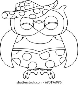 Funny owl in bathing suit, coloring. Animals and birds cartoon characters isolated on white, black and white