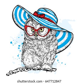 Funny owl in a beautiful beach hat and sunglasses. Vector illustration for a postcard or poster, print for clothes, cup or cover. Bird painted by hand. Summer, vacation and vacation.