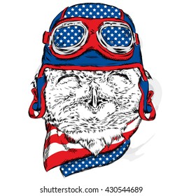 Funny owl in biker helmet. Vector illustration for greeting card, poster, or print on clothes. Pilot. Hipster. Bird clothing. Fashion & Style.