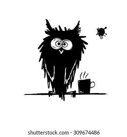 Funny owl black silhouette. Sketch for your design. Vector illustration
