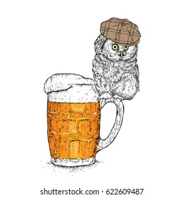 A funny owl in a cap sits on a mug of beer. Vector illustration for a postcard or a poster.