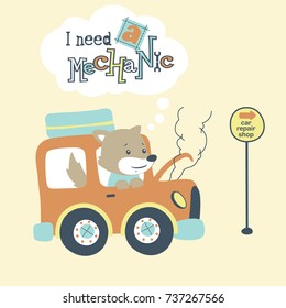 Funny owl cartoon on car broke down, vector cartoon illustration