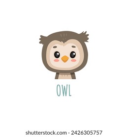 funny owl in cartoon style. Flat animal. Doodle illustration of owlet head for cards, magazins, banners. Vector