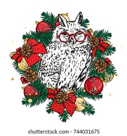 Funny owl in a Christmas wreath with balls and bows. Vector illustration. New Year's and Christmas. Beautiful bird.