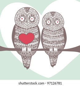 funny owl couple on tree branch in love