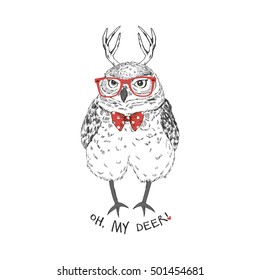 funny owl with deer horns, hand drawn graphic, animal illustration