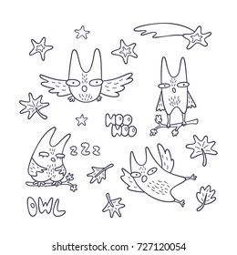 Funny owl doodles (outlines). 4 birds, stars and leafs. Hoo hoo, owl and zzz lettering. Line art. Vector illustration.