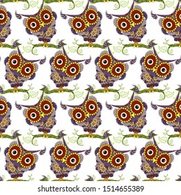 Funny owl endless background on white. Doodle violet bird green leave branch art design stock vector illustration for web, for print, for nursery, for cot, for wallpaper