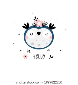 Funny owl face decorated with flowers and text - hello, isolated on white background. Vector illustration in cartoon style. Kids print for nursery, baby clothes, poster, postcard.