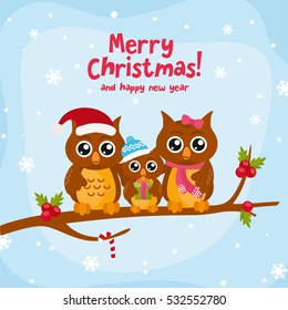 Funny owl family. Merry Christmas greeting card design. Illustration with cute owls on a tree. 