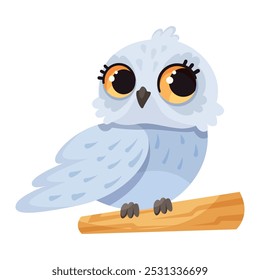 Funny Owl Flying Creature with Large Eyes and Wings Perching on Wooden Stick Vector Illustration