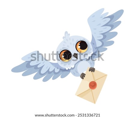 Funny Owl Flying Creature with Large Eyes and Wings Carry Letter Envelope Vector Illustration