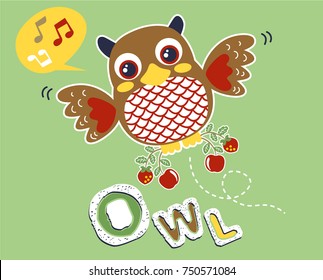 funny owl flying while carrying fruits, vector cartoon illustration