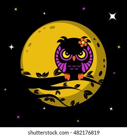Funny owl in front of the moon