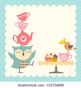 Funny owl giving a very good tea party.