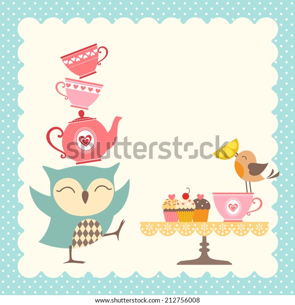 Funny owl giving a very\
good tea party.