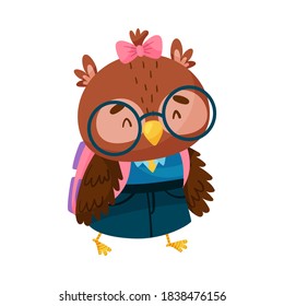 Funny Owl in Glasses and with Backpack Going to School Vector Illustration