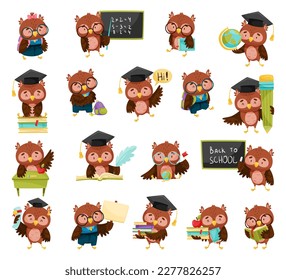 Funny Owl in Glasses with Books and Backpack Big Vector Set