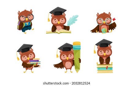 Funny Owl in Glasses Carrying Pile of Books and Writing with Feather Vector Set