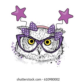 Funny owl in the glasses and festive rim with the stars. Vector illustration for a postcard or a poster.