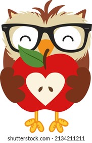 Funny owl with glasses holding an apple half
