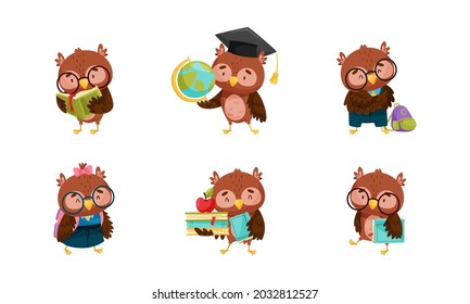Funny Owl in Glasses Holding Globe and Reading Book Vector Set