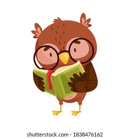 Funny Owl in Glasses Reading Book Vector Illustration