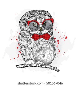 Funny Owl With Glasses And A Tie. Vector Illustration.