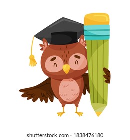 Funny Owl in Graduation Hat Holding Pencil Vector Illustration