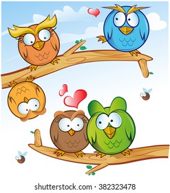 funny owl group cartoon on tree 