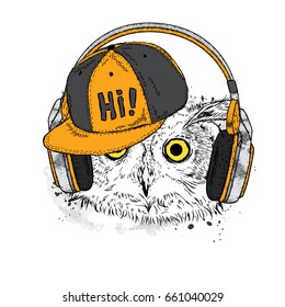 Funny owl with headphones and a cap. Vector illustration for a postcard or a poster, print for clothes. Bird.