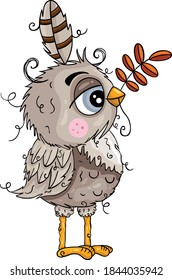Funny owl holding a autumn leaves on beak
