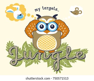 Funny owl holding binocular hunting bunny and mouse, vector cartoon illustration