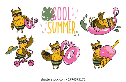 Funny owl in hot summer with inflatable flamingo. Summer stickers set, cool drawing for kids print, birds vector