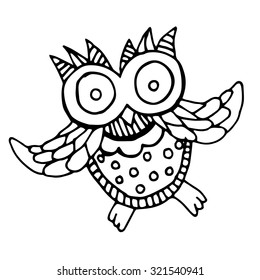 Funny owl illustration - original drawing. Illustration of baby owl trying to fly 